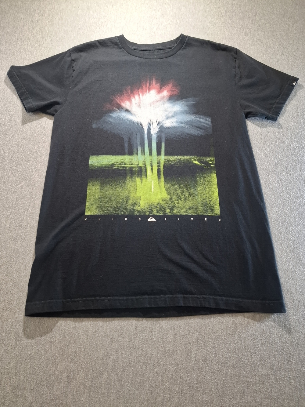 Quiksilver Black Tee with Red, White and Neon Green Palm Graphic